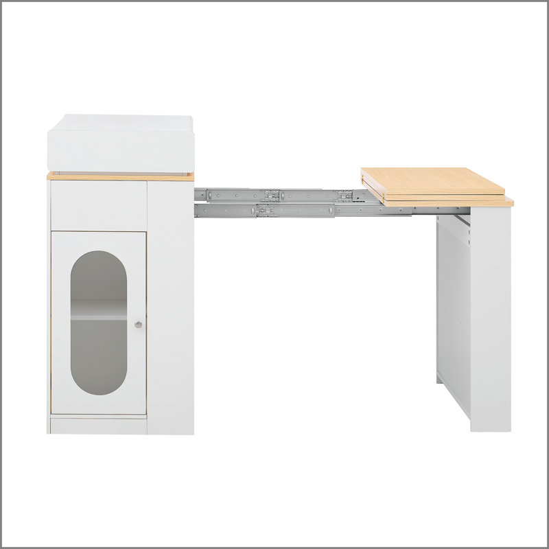 Table de salle à manger extensible avec plateau pliable, table de bar avec tiroirs et prise de courant, îlot de cuisine avec roulettes et crochets, buffet pour la cuisine et la salle à manger (blanc crème et naturel)