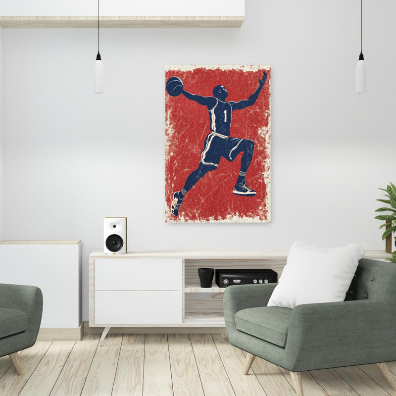 Basketball Red Jump Contemporary Wall Art Print 1 Piece Wrapped Canvas Wall Art, 91.44cm H x 60.96cm W