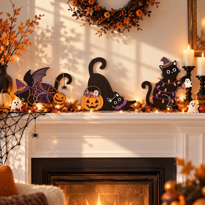 Ensemble de 3 décorations de cadre de porte en bois avec chat noir pour l'Halloween