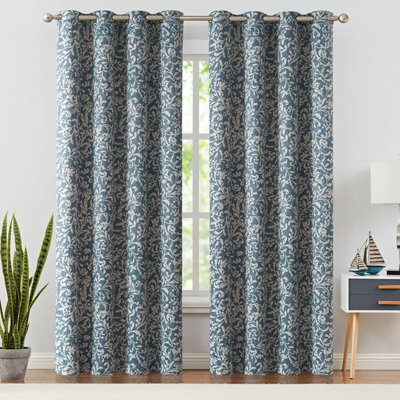 Rideaux occultant Jinchan à 80% pour le salon, rideaux de style campagnard à motif floral à volutes pour la chambre à coucher, rideaux isolants thermiques à œillets, rideau Country rétro de 96 po de longueur, 2 panneaux bleus