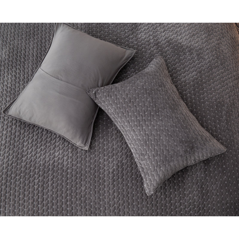 Zera Cross Velvet Coverlet/Bedspread with Pillowcases, Gray, King Coverlet/Bedspread + 2 King Pillowcases