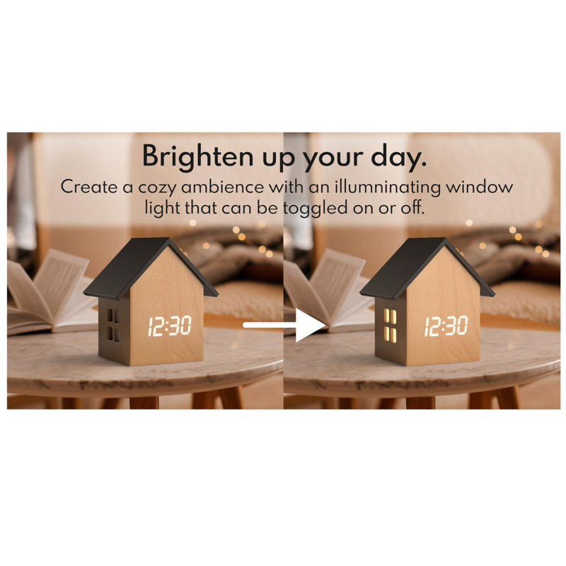 Digital House-Shaped Alarm Clock With Temperature Display (Light Wood) – Modern Aesthetic - Cute Cube Frame And White LED Dimmer