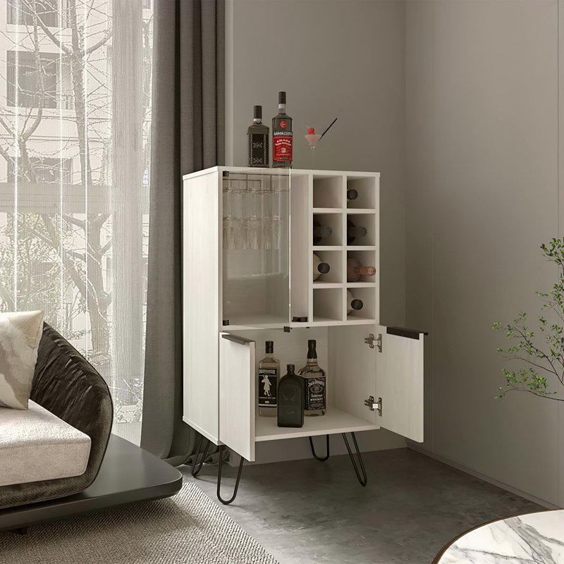 Armoire de bar H 43,1 po avec 2 portes, 9 tablettes et 1 panneau de verre, Blanc