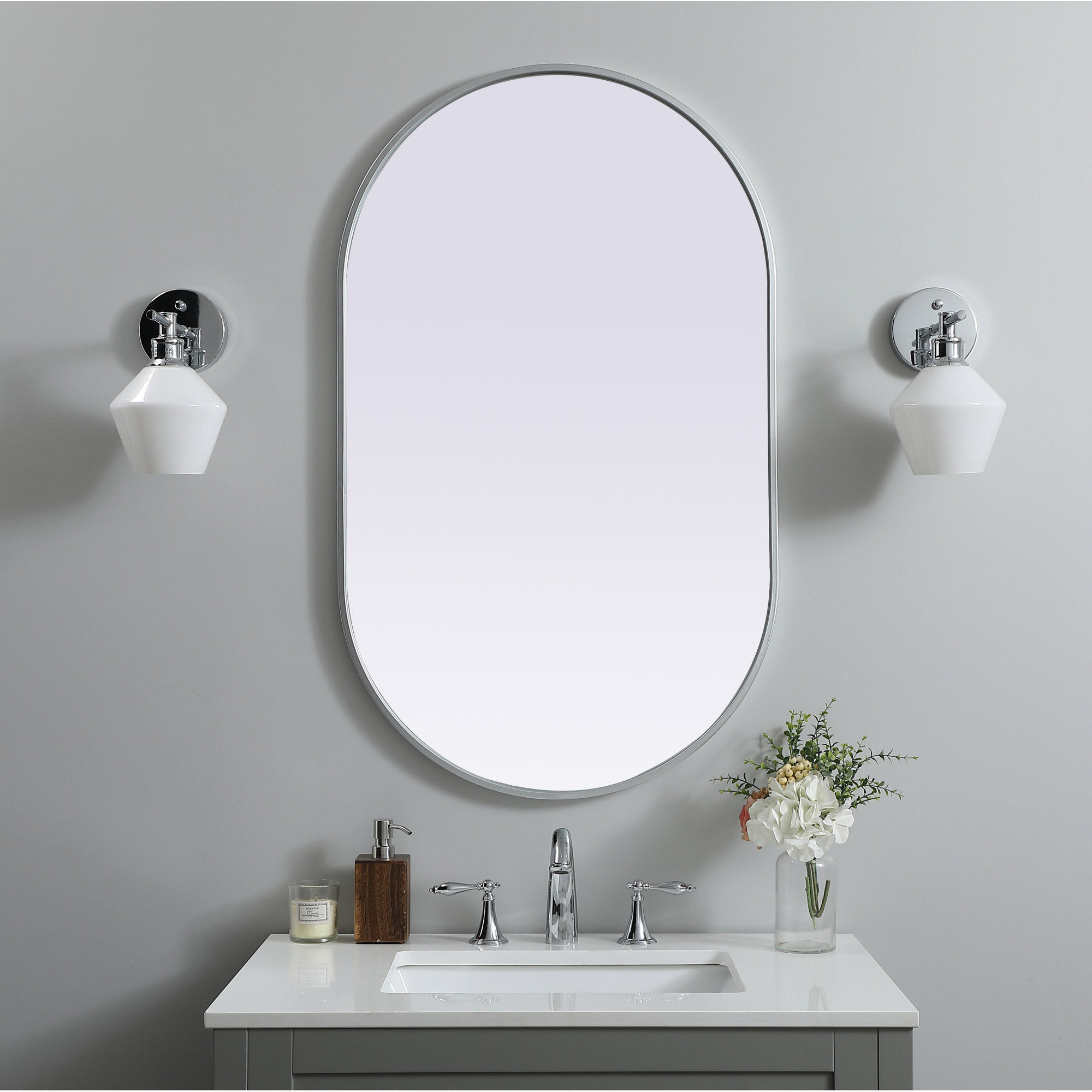 Sabine Metal Pill Wall Mirror, 40" x 24", Silver