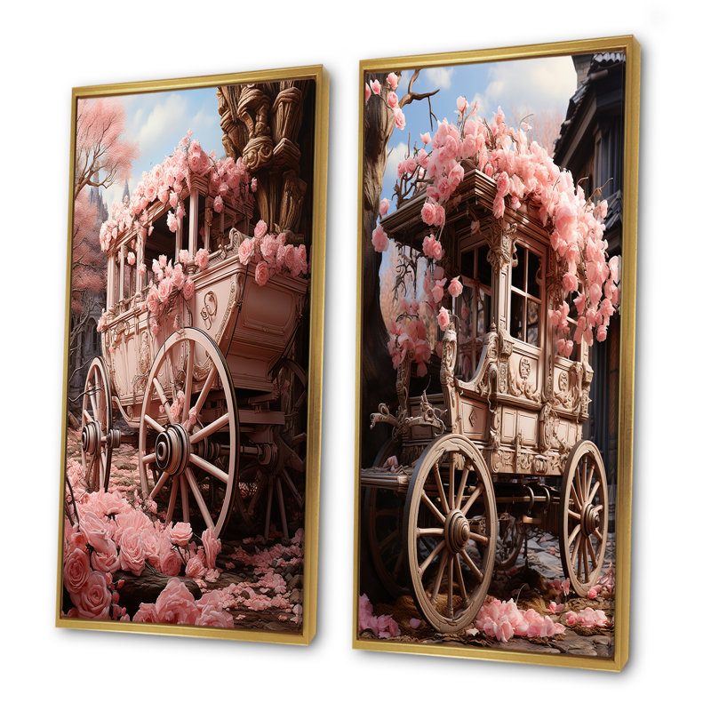 Romantisme, charriot de mariage rose, H 28 po x l 25 po, Cadre flottant doré