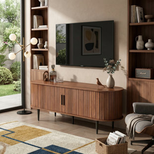 Modern 55-Inch Walnut TV Stand with Sliding Door Cabinet and Storage Compartment Gaming Entertainment Center Media Console for Living Room Bedroom Office