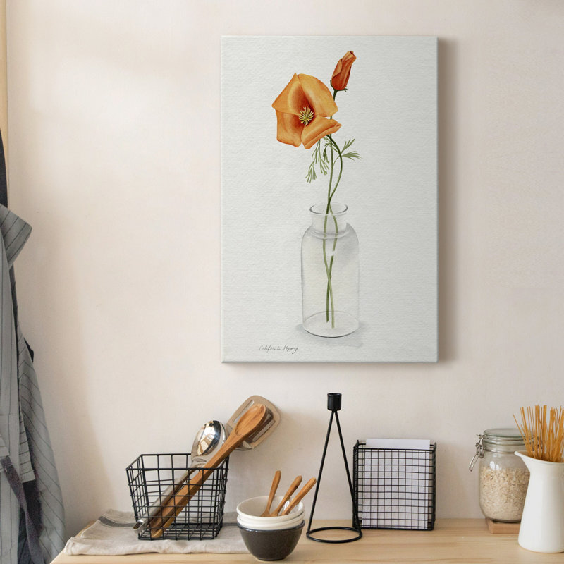 California Poppy Vase I - Toile tendue avec châssis de qualité supérieure - prête à être accrochée