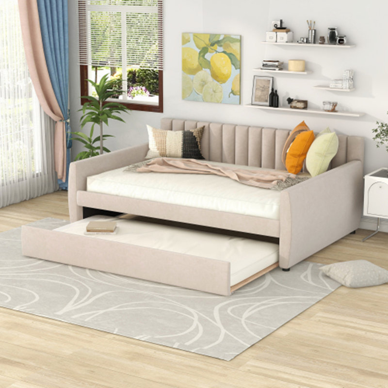 Lit plateforme tapissier avec tête de lit et 4 tiroirs de rangement, Beige, Double