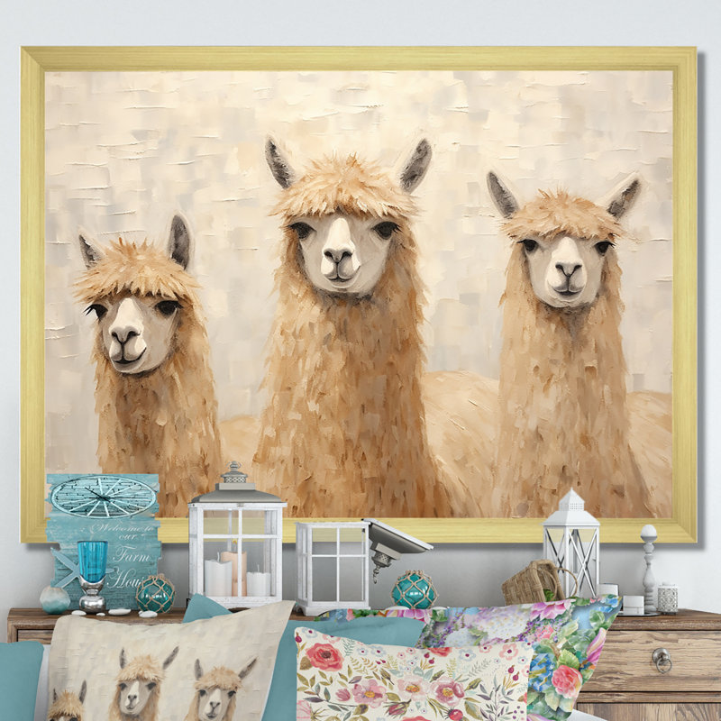 Minimalisme, Alpagas mignons sur toile, Cadre doré simple, H 16 po x l 32 po x P 1 po