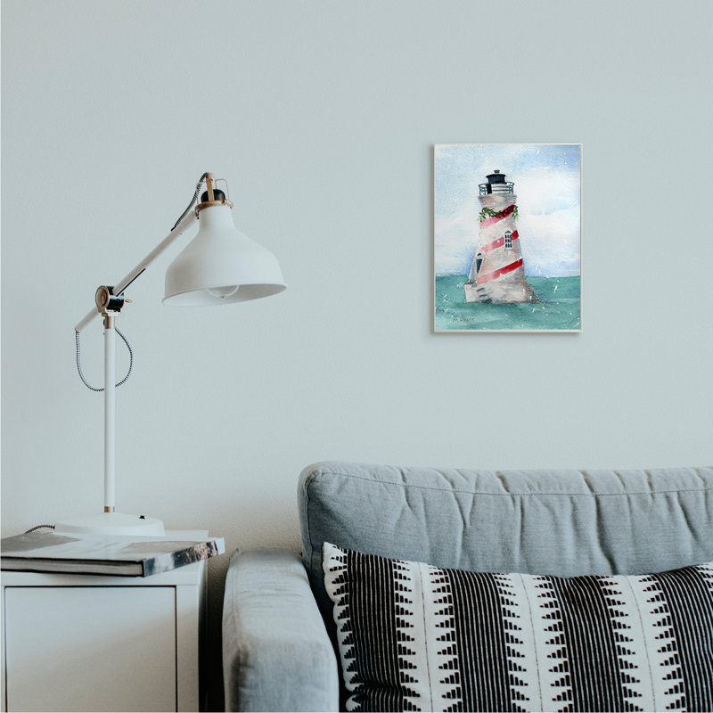 « Nautical Holiday Lighthouse »-rayures de Noël-impression d’art graphique, Plaque murale, H 15 po x l 10 po x P 0,5 po