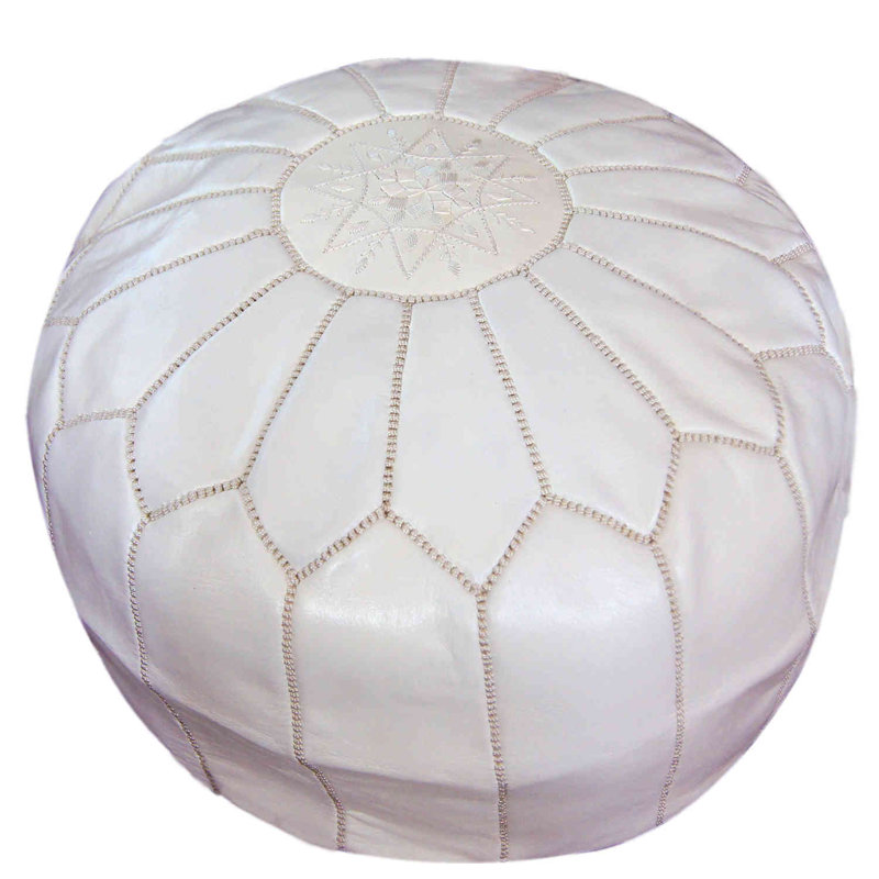 Handmade Moroccan Leather Round Pouf Ottoman Large Aviles, White Genuine Leather