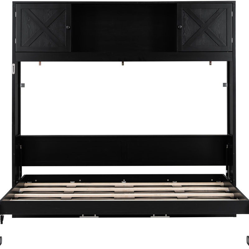 Black Full Size Bed With 3 Storage Cabinets For Sunglasses And Wallets, Reliable Pine Wood Build, Folding Tiny Homes Bed, X-Shaped Embellishment, Solid Wood, Easy To Up
