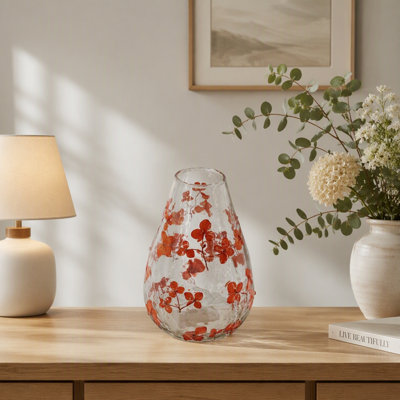 D4.9x7.1" Round Clear Glass Vase with Whimsical Red Flower Design