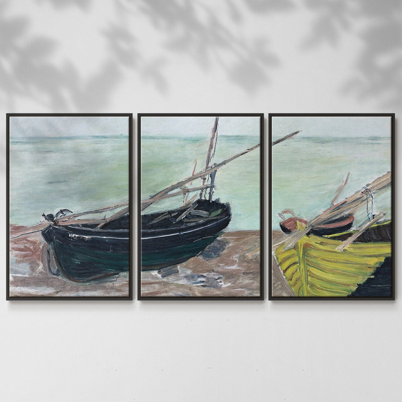 "Bateaux sur la plage", 1885, peinture sur toile 3 pièces, H 24 po x l 48 po, Cadre noir