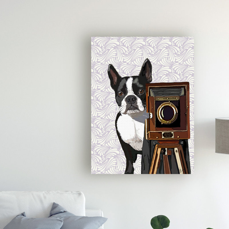 « boston terrier photographe », reproduction d’impression sur toile tendue, H 24 po x l 18 po x P 2 po