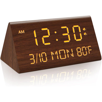 Wooden Digital Alarm Clock, 0-100% Dimmer, 2 Alarm Settings, Weekday/Everyday Mode, 9 Mins Snooze, 12/24H, Temperature And Date Display For Office, Travel, Bedroom Alarm Clock 
