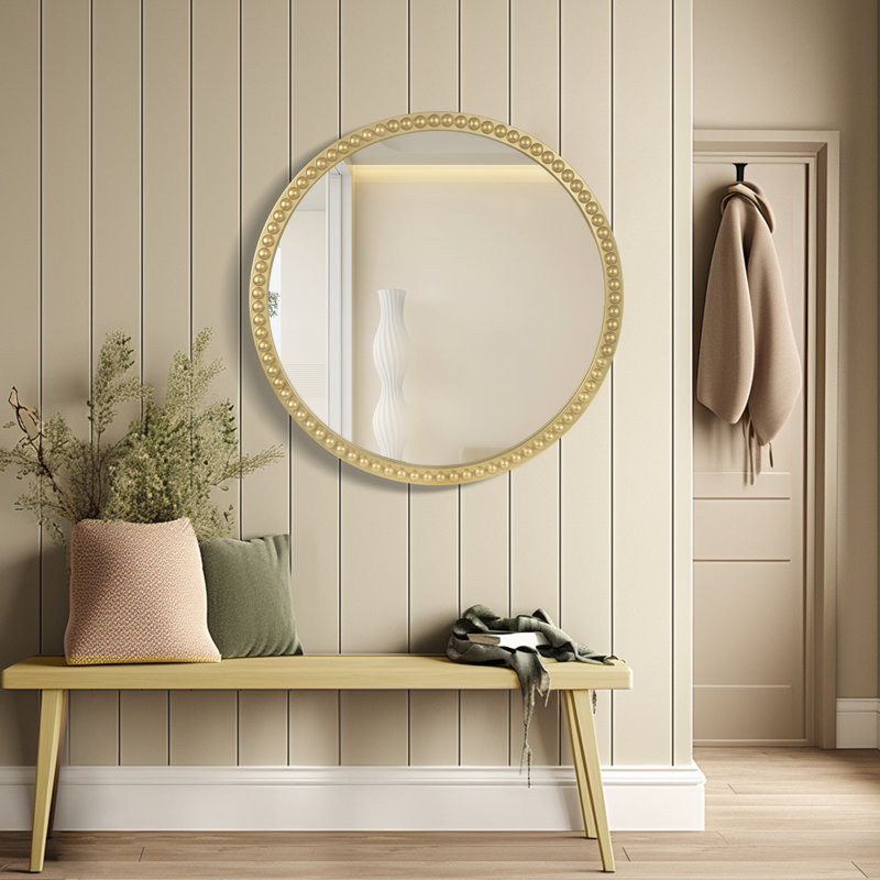 Wall Mounted Accent Wood Bead Mirror Home Decoration, Gold