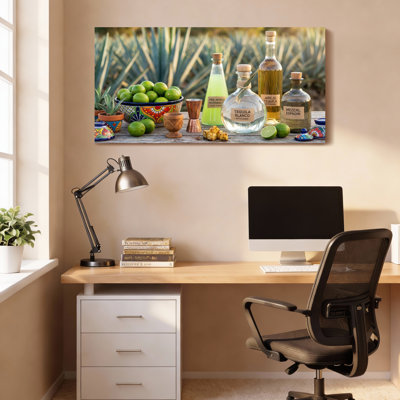 Mexican Tequila And Mezcal Bottles With Limes And Agave Canvas Wrapped Wall Art Oil Painting Print Set Of 1
