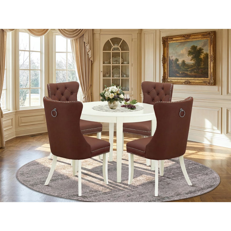 Ensemble de salle à manger 5 pièces pour petits espaces composé d'une table de cuisine ronde et de 4 chaises Parson rembourrées en tissu de polyester, 42 x 42 pouces, lin blanc
