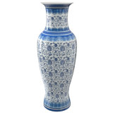36" Floral Blue & White Porcelain Tung Chi Vase