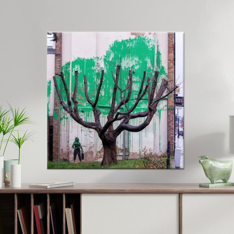 Banksy Tree Graffiti Canvas Art: Finsbury Park London Print,1P WhiteFramedCanvas, H: 63.1 x W:63.1 inches