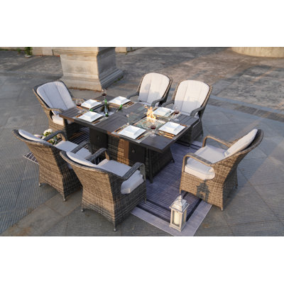 Moda 70 In. X 39 In. X 27 In. Rectangular Wicker Outdoor Gas Fire Pits Table With 6-Chairs