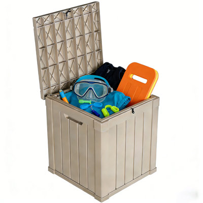 Boîte de rangement en résine toutes saisons 50 gallons, bac de rangement extérieur grain de bois pour les essentiels de patio, de jardin et de piscine