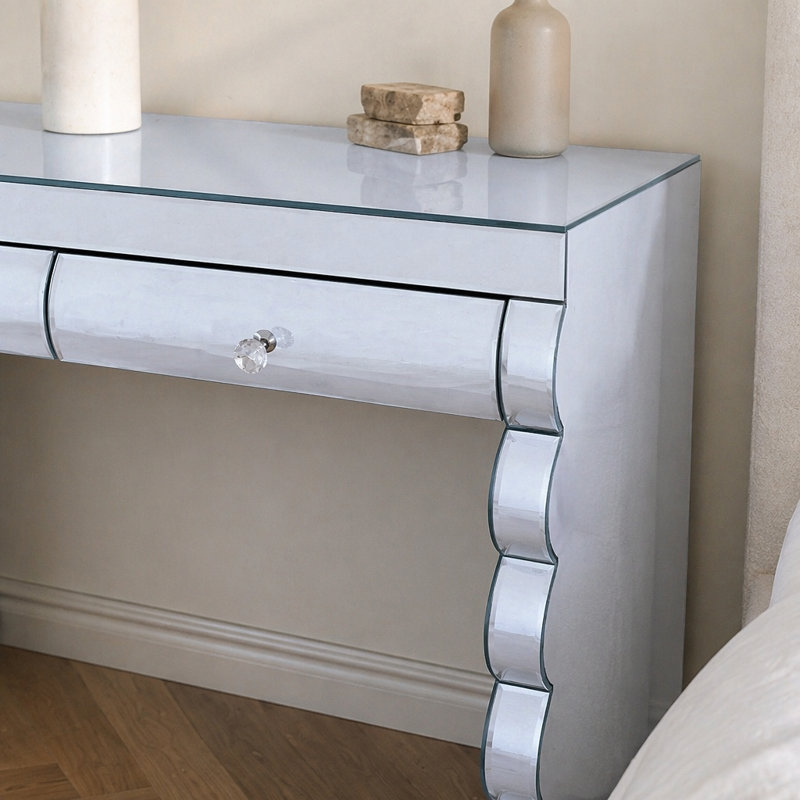 Console à miroir, coiffeuse argentée pour miroir courbé au four avec 2 tiroirs, table d'appoint décorative en miroir convenant au couloir et au salon, coiffeuse à miroir