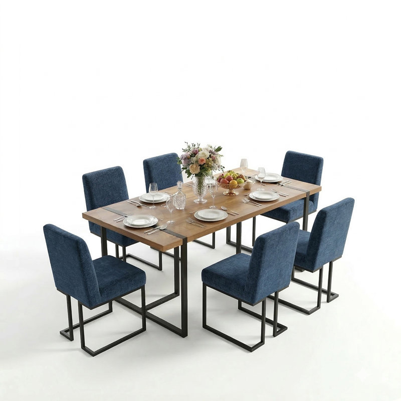 7-Piece Modern Rectangular Dining Table Set For 6 With Upholstered Dining Chairs, Blue