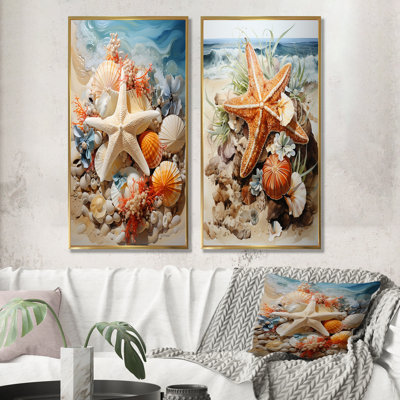 Orange et bleu étoile de mer Sands II - ensemble d'art mural sur toile tropical côtier