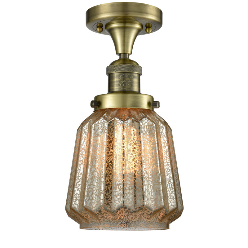 Arbogast Glass Semi Flush Mount, Antique Brass, 6 Watt Vinage LED Bulb, Mercury Plated