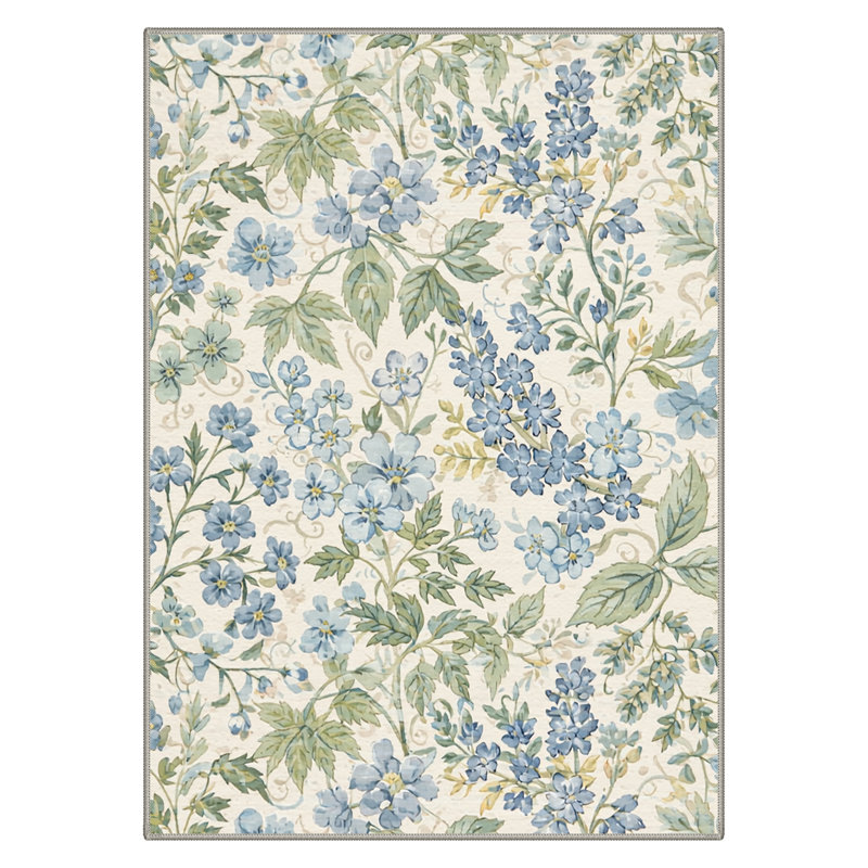 Aura Floral Machine Washable Blue/Beige/Green Indoor Area Rug With Non-Slip Backing, Rectangle 8' x 10', Blue/Green
