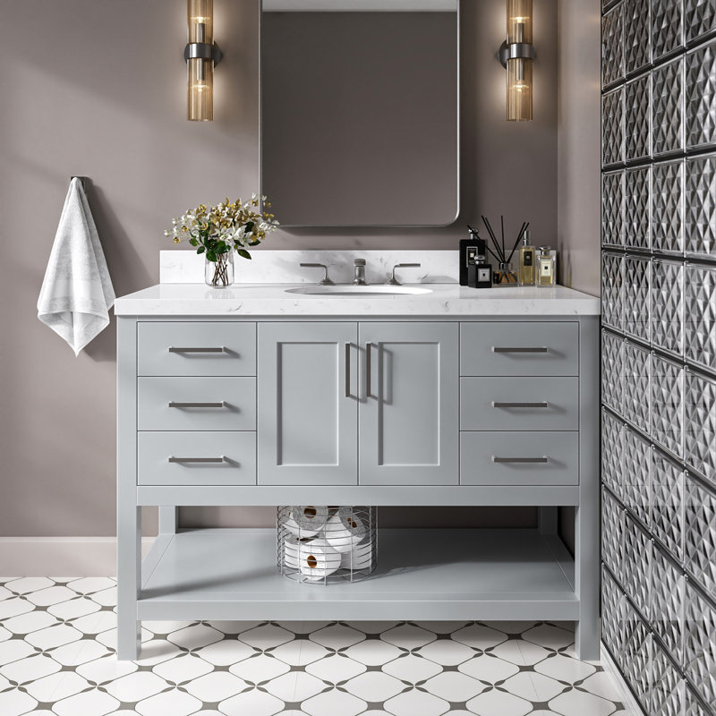 Meuble-lavabo simple gris ARIEL de 48 po avec plateau en quartz blanc Carrara et lavabo ovale, Oval, Gris