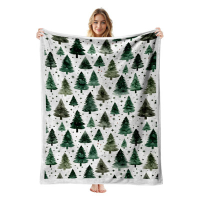 JYK Christmas Flannel Fleece Twin Blanket, Lightweight, Breathable, Soft Cozy Warm Plush Microfiber, 60"x80",  Watercolor Trees Dots