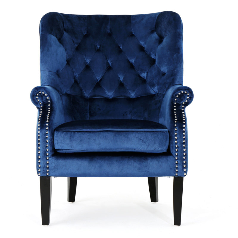 Fauteuil club, fauteuil confortable, Velours bleu Dalayla
