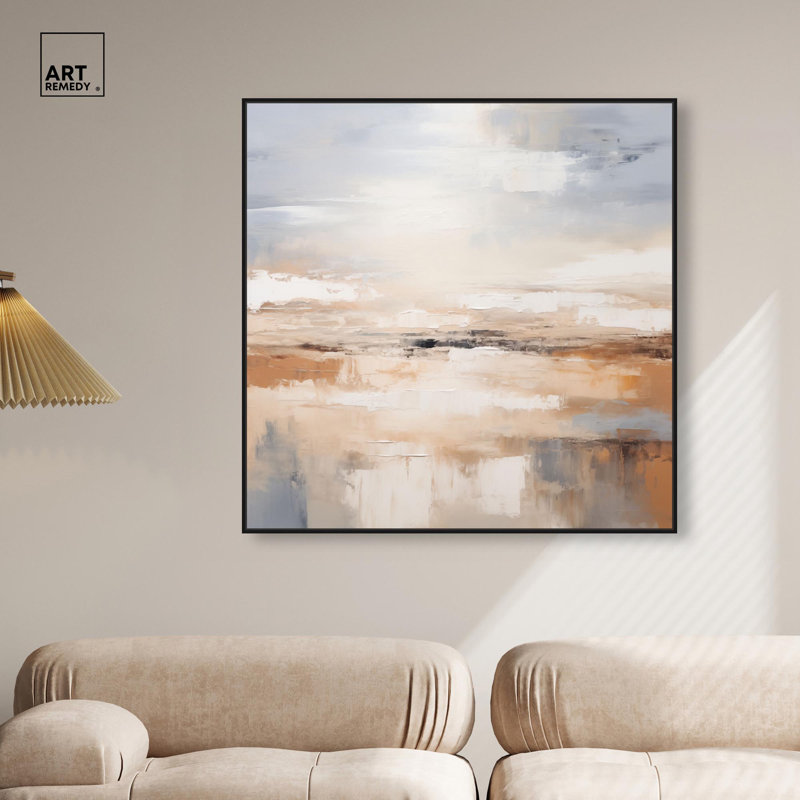 "Coastal Calm", art abstrait neutre par , H 41 po x l 41 po, Cadre flottant noir
