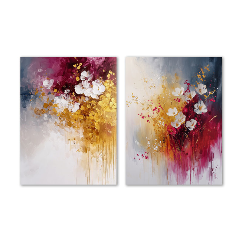 «Wildflower on Silent Burst of Ink I», ensemble de 2 impressions murales en métal or floral, 32" H x 48" W