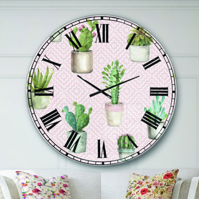 Potted Cactus on Pink Geometrical Pattern - Traditional wall clock