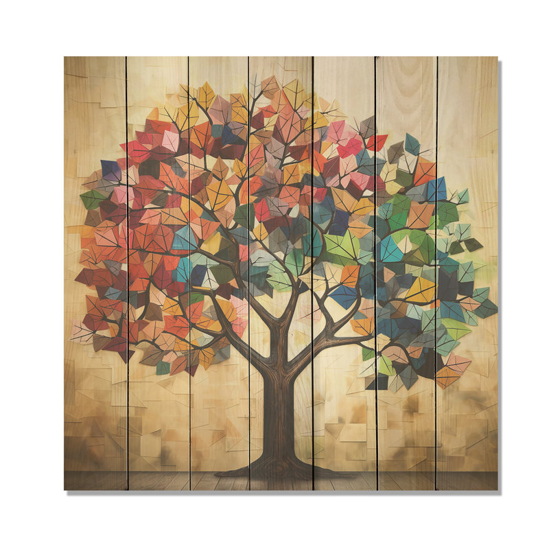 Arbre de harmonie américain coloré I - impression sur bois, H 15 po x l 15 po