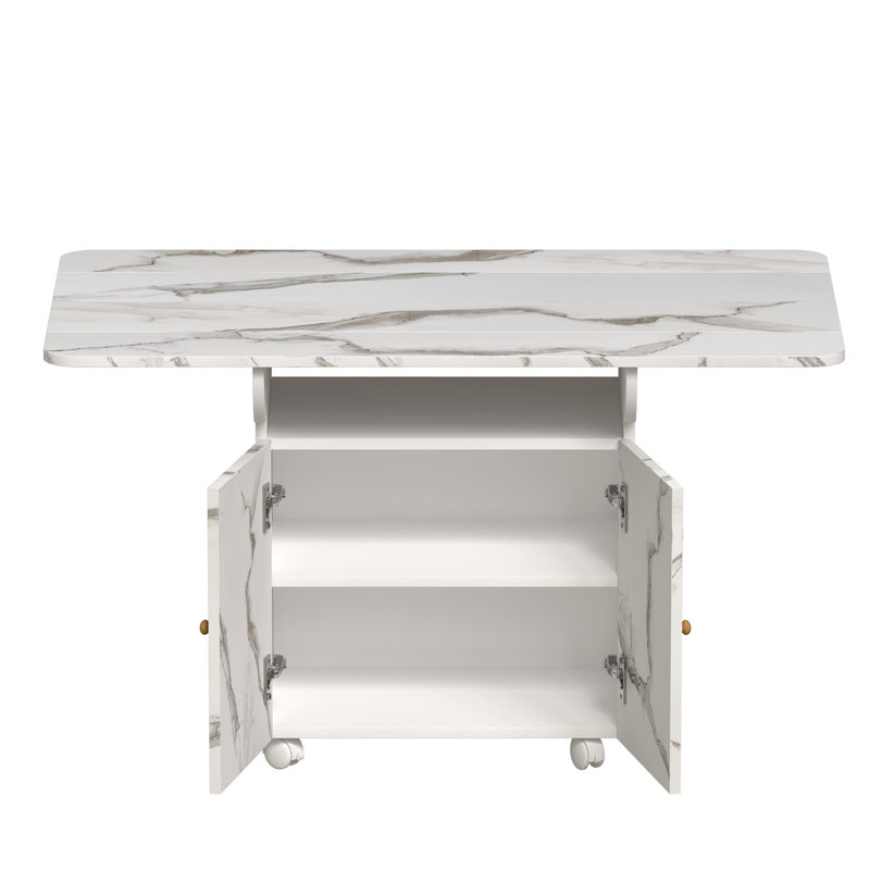 Table de salle à manger pliante en bois de 47 po avec support de rangement et armoire, table d'entrée amovible à 6 roulettes, îlot de cuisine en marbre blanc, table d'appoint et table basse Polyvalente
