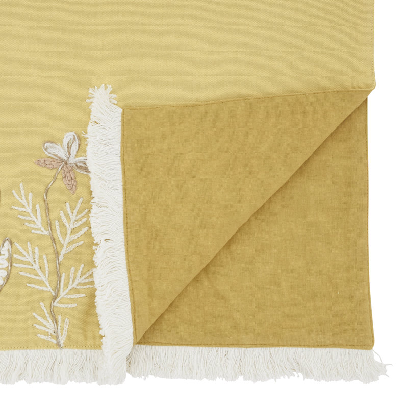 Embroidered Meadow Table Runner – Lined Decorative Table Runner with Fringe for Dining & Console Tables, 16"x72", Yellow