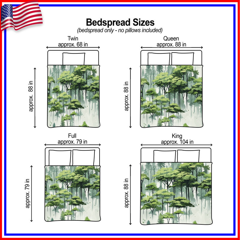 Lush Forest Illustration Quilted Bedspread All Sizes, King
