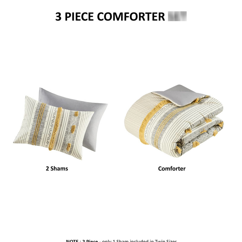 Lit double / grand en coton gris / jaune, édredon à rayures avec intérieur, rembourrage 3 pièces inhabituel, attrayant