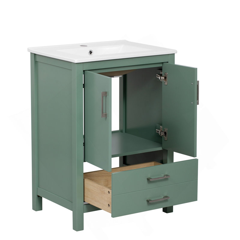24'' Bathroom Vanity With Ceramic Sink Combo, Modern Freestanding Storae Cabinet  With Silver Handles,  Soft Closing Doors