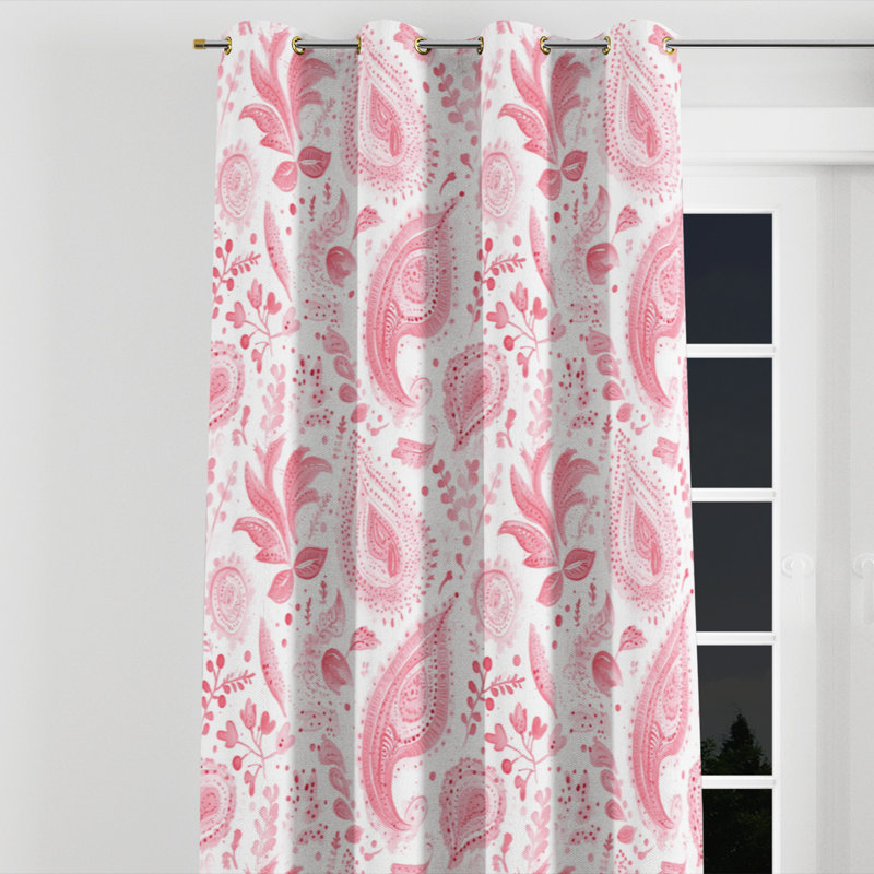 French Country Window curtains - Transitional Red And White Delicate Paisley Grommet Curtain - 1 Panel, Gold Grommets