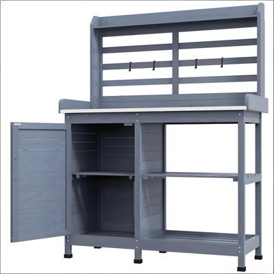 Gray Fir Wood Outdoor Potting Bench with Storage Cabinet, Open Shelves, Tool Hooks, and Anti-Slip Feet for Garden and Patio