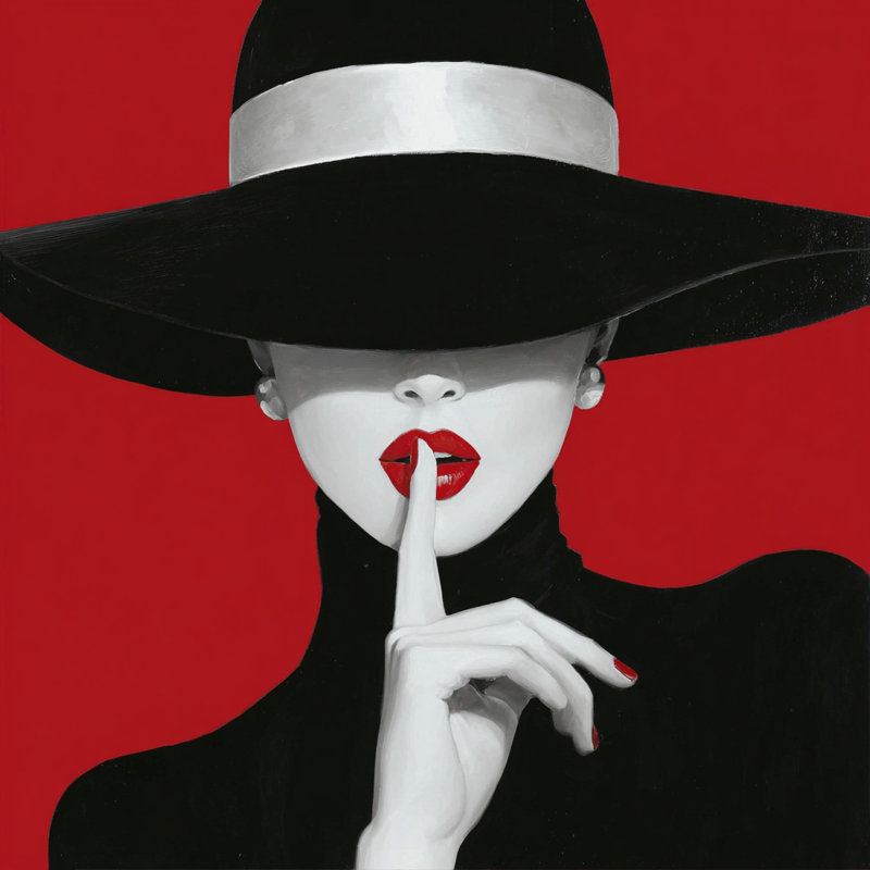 Art sur toile «Silence in Red II» - Femme chic avec chapeau noir, H 40 po x l 40 po
