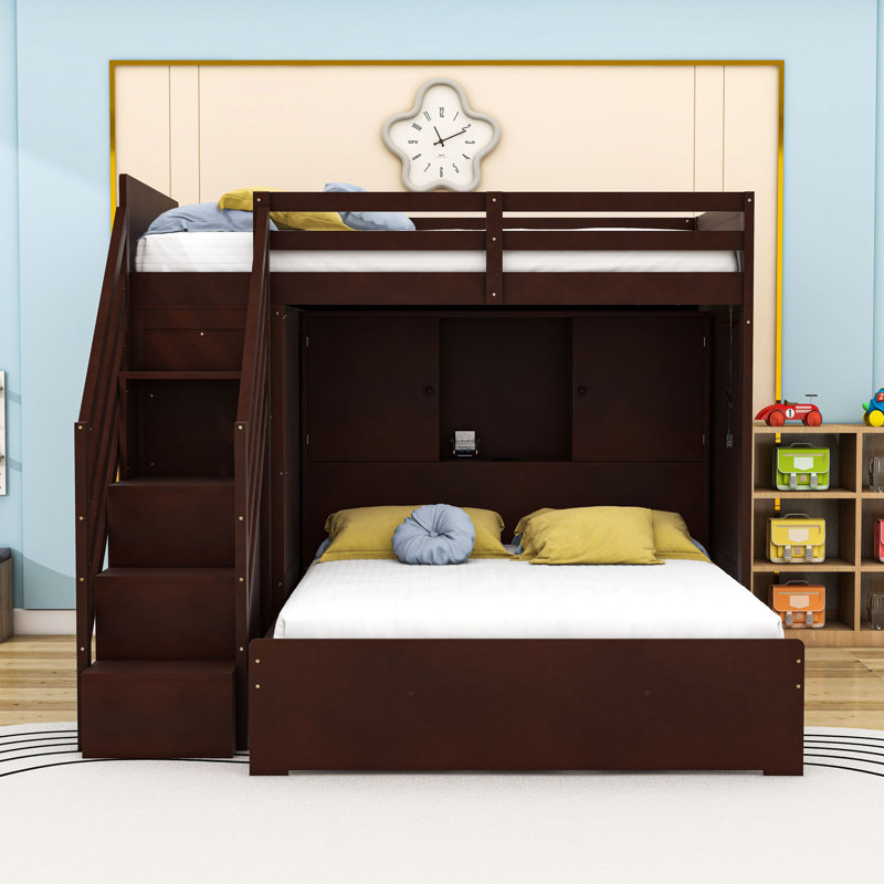 Twin over Full Wooden Loft Bed with Wardrobe, Built-In Shelving, Espresso