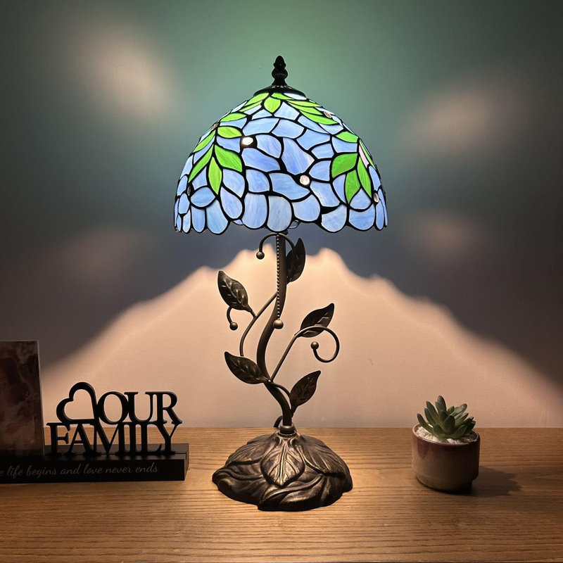 Haruko Tiffany Table Lamp Blue Stained Glass Green Leaves LED Bulb Included Iron Metal Leaves 10"W*10"D*20"H
