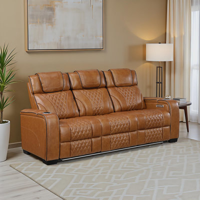 Barra 84.5" Modern & Contemporary Top Grain Leather Power Double Reclining Sofa with Power Headrests and Soothing Heat and Air Massage Functions by Latitude Run
